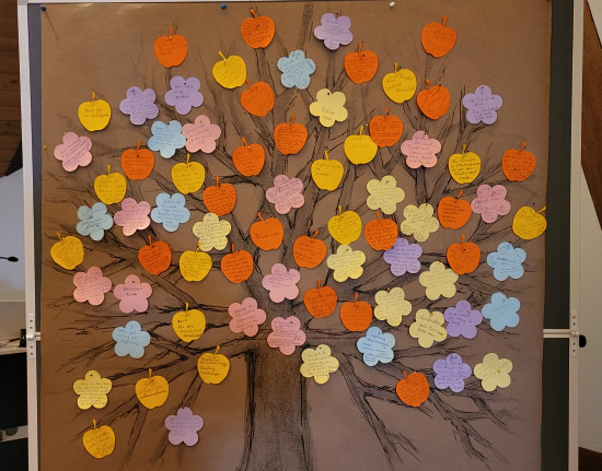 Früchte der Dankbarkeit und Blüten mit Wünschen für die Zukunft